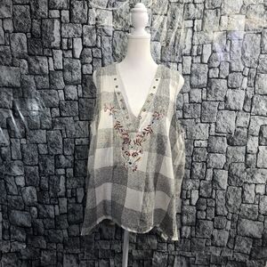 Embroidered Plaid V-Neck Top By Shyanne XL Black, Grey And White.